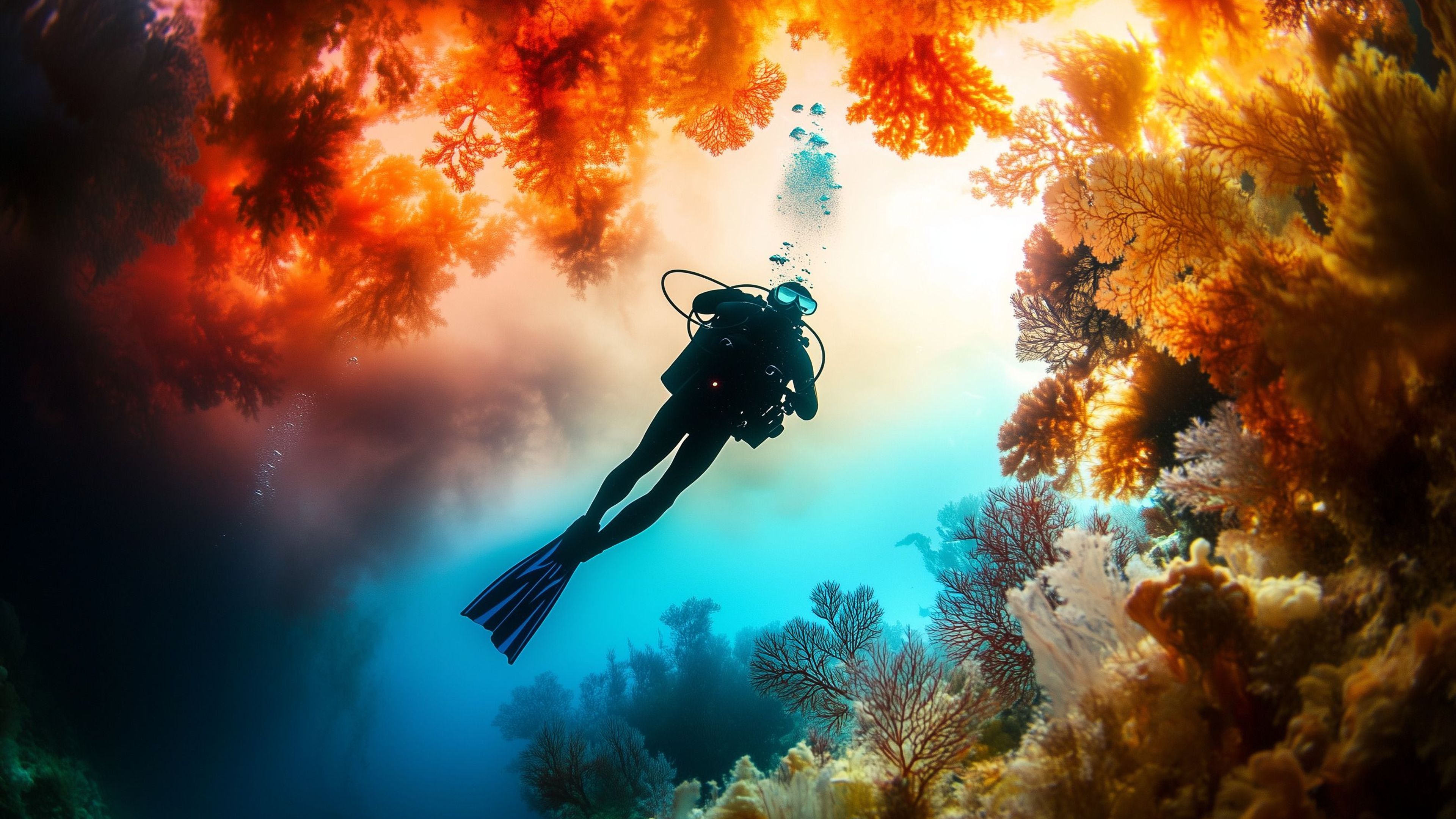 Image of an underwater scuba diver near vibrant marine life 