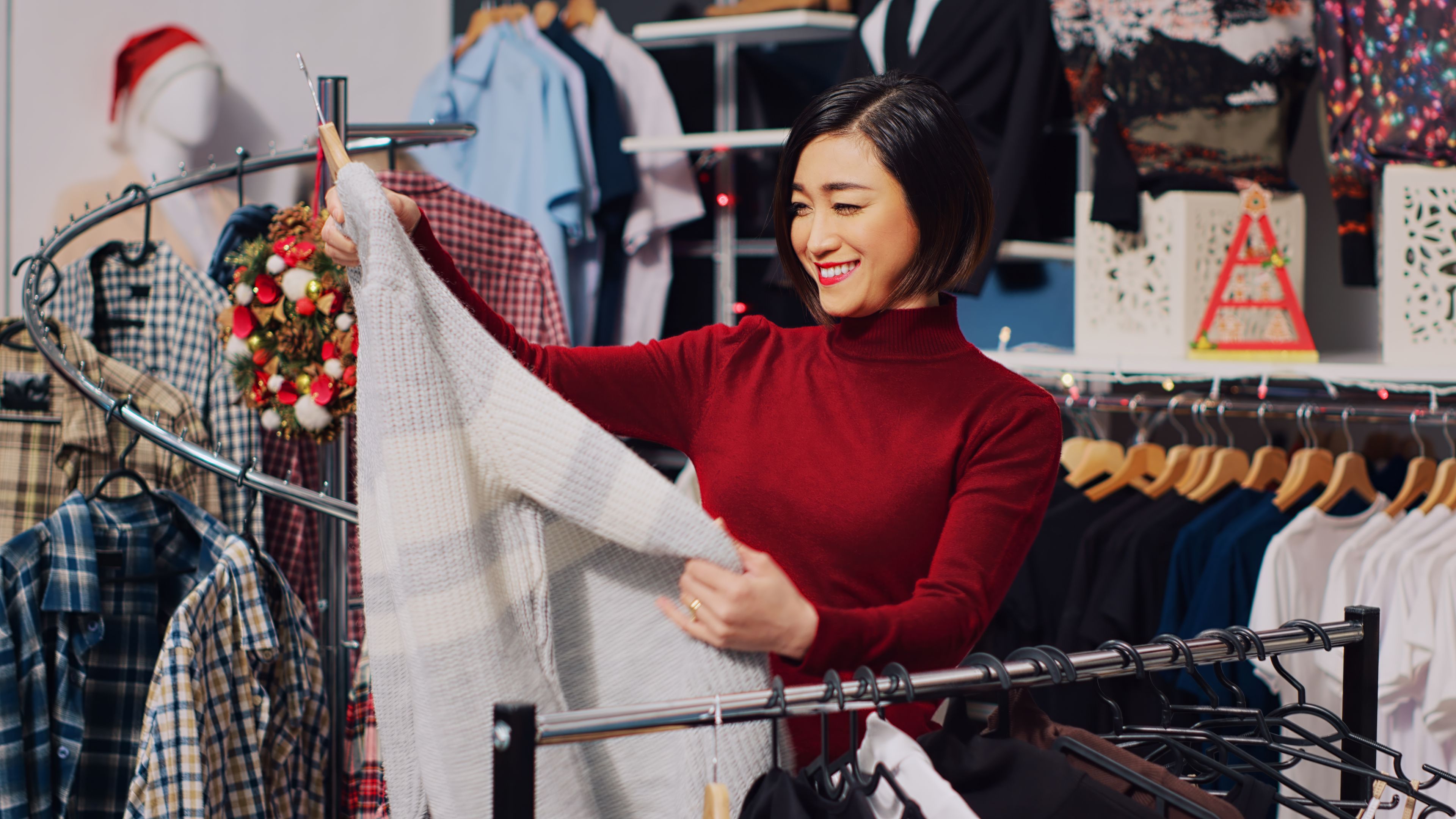 A Customer shopping wearing red clothes