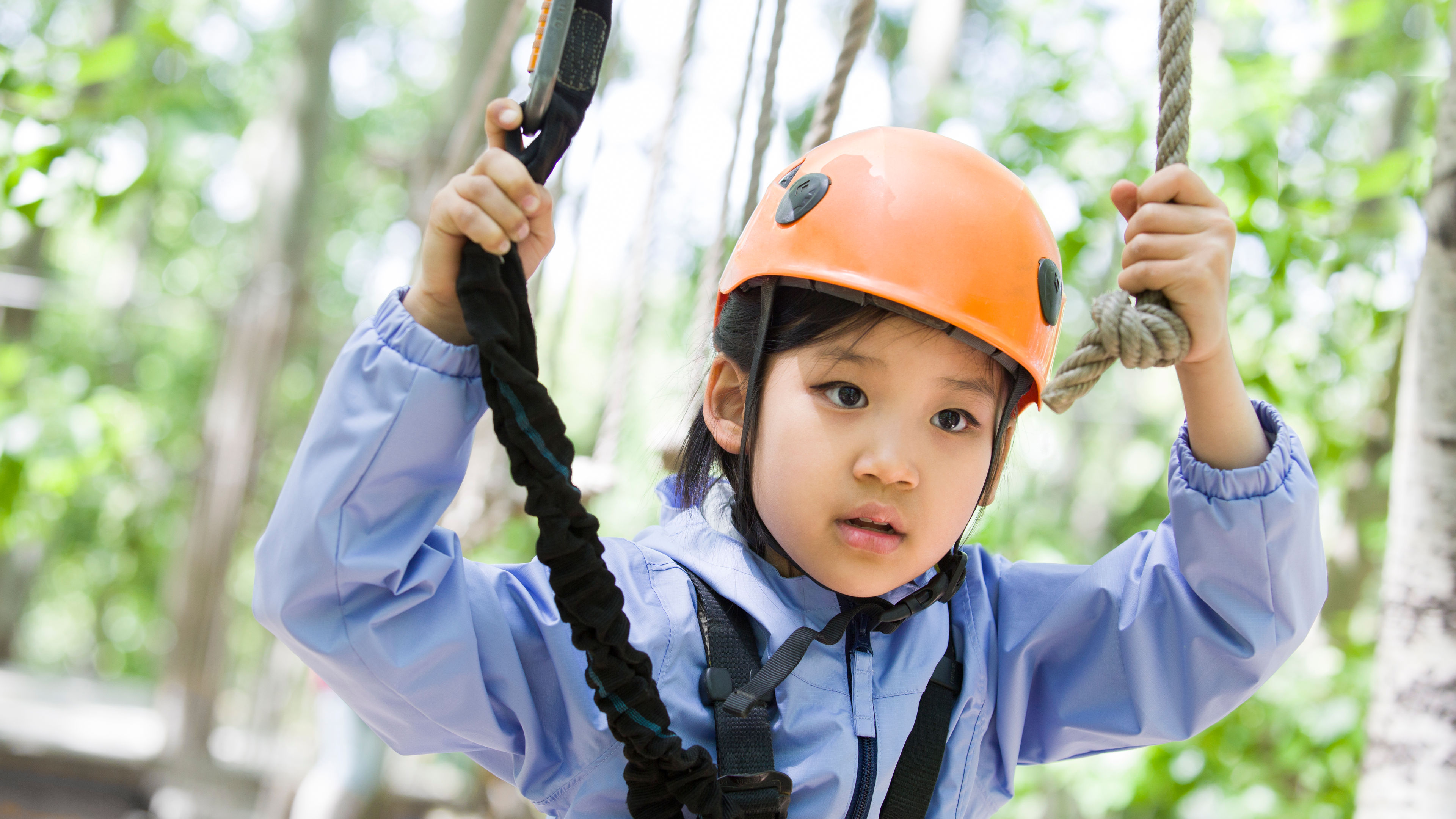 Little girl playing in Tree Top Adventure Park. 