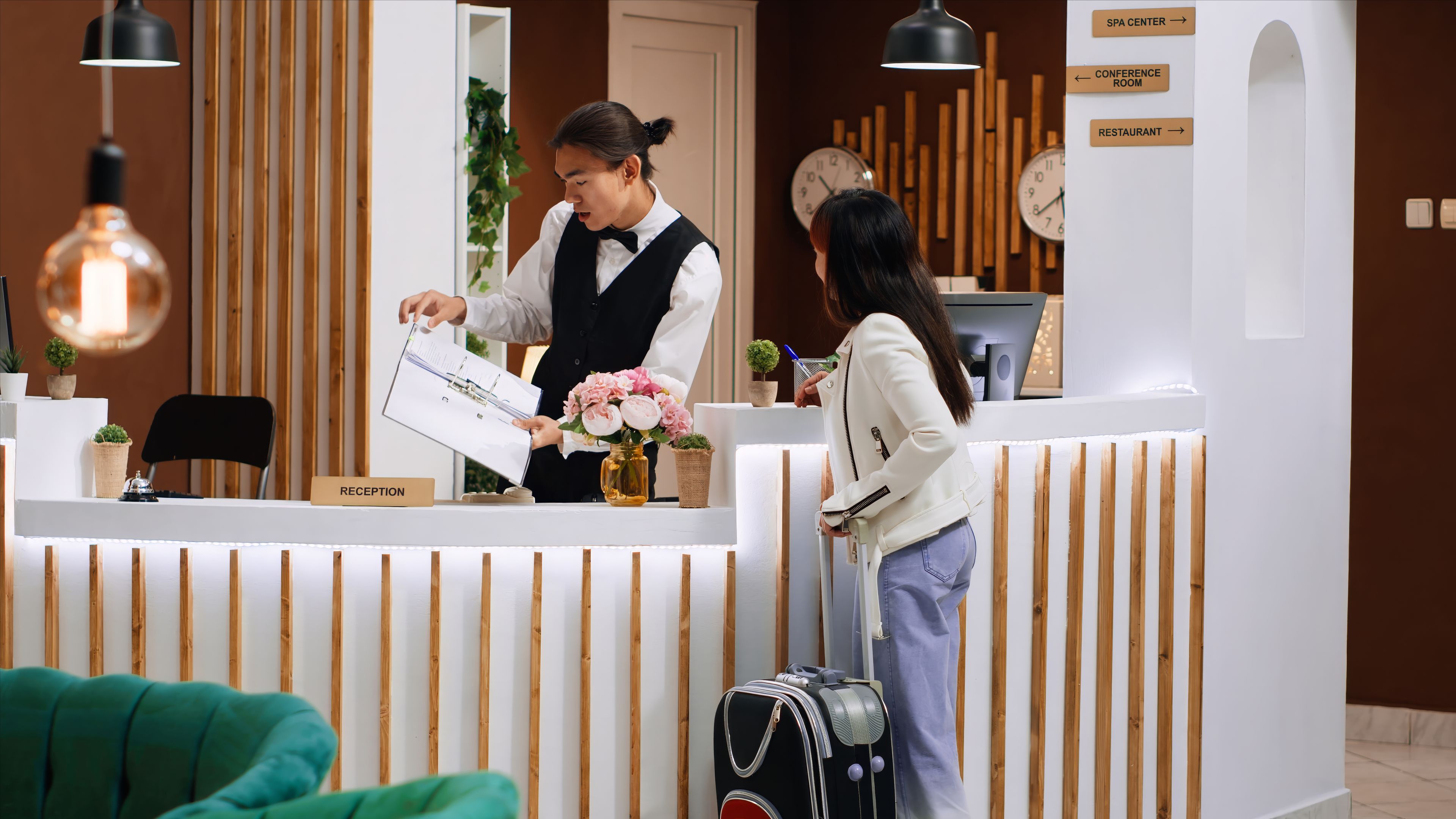 Hotel guest inquiring about amenities at the reception. 