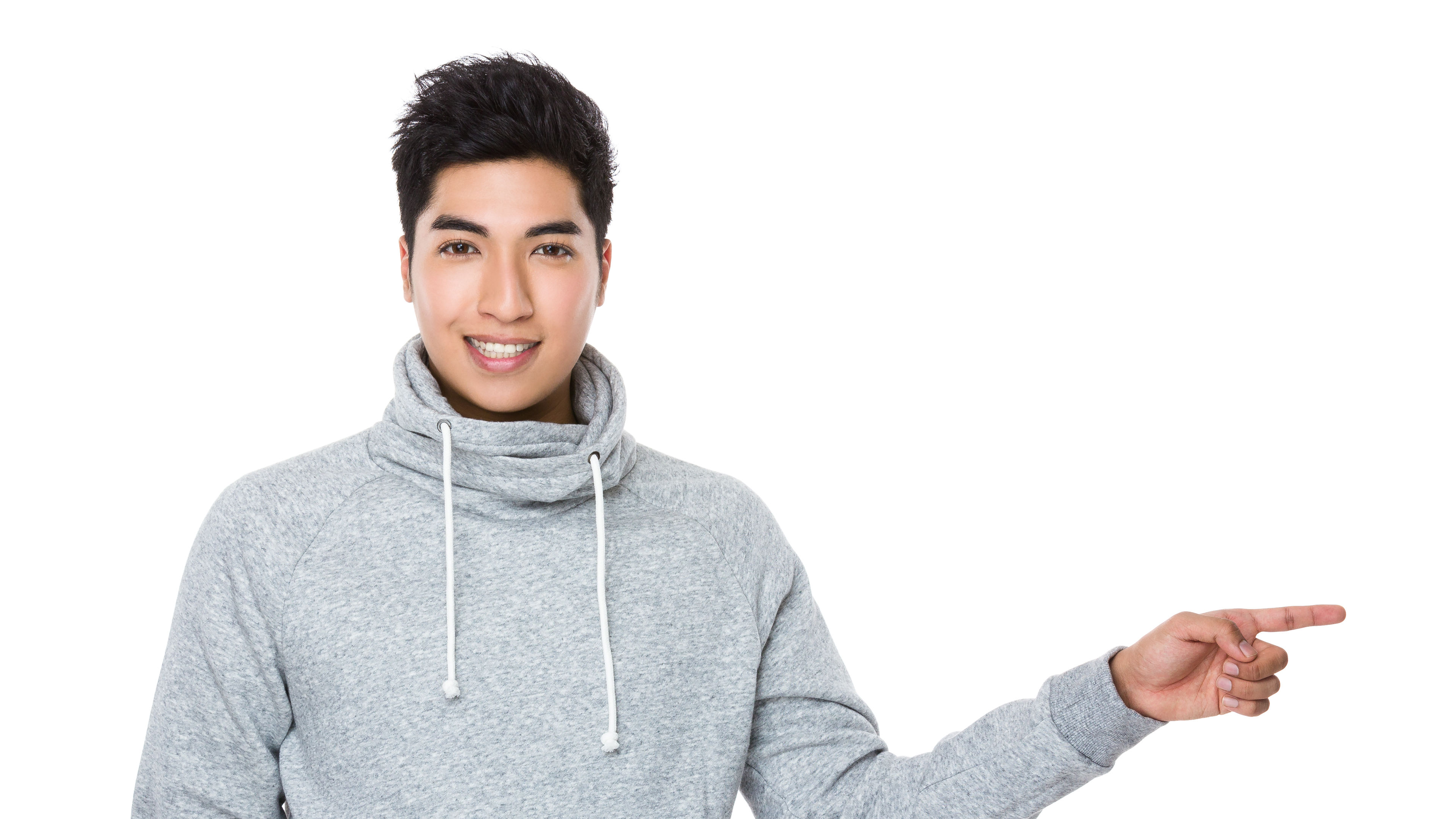 Image of a man in a grey hoodie pointing 
