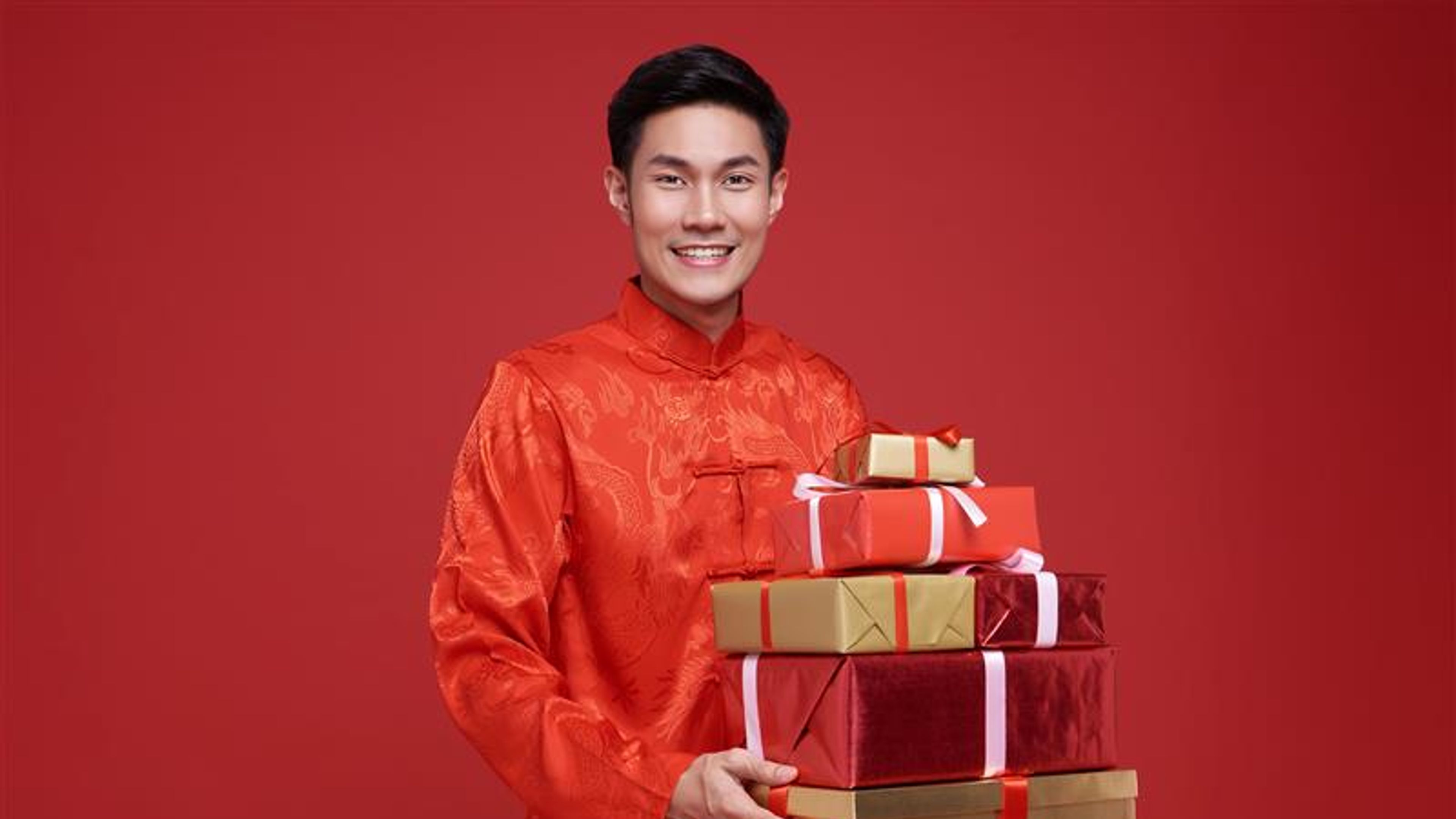 Smiling Man in Chinese New Year traditional 